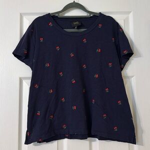 W5 Navy Cherry Pattern Embroidered 100% Cotton Top
